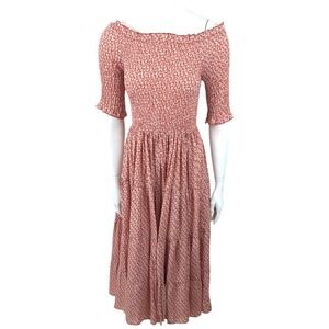 Orange Creek Smocked Midi Dress Womens Medium Coral White Orange Ditsy Floral